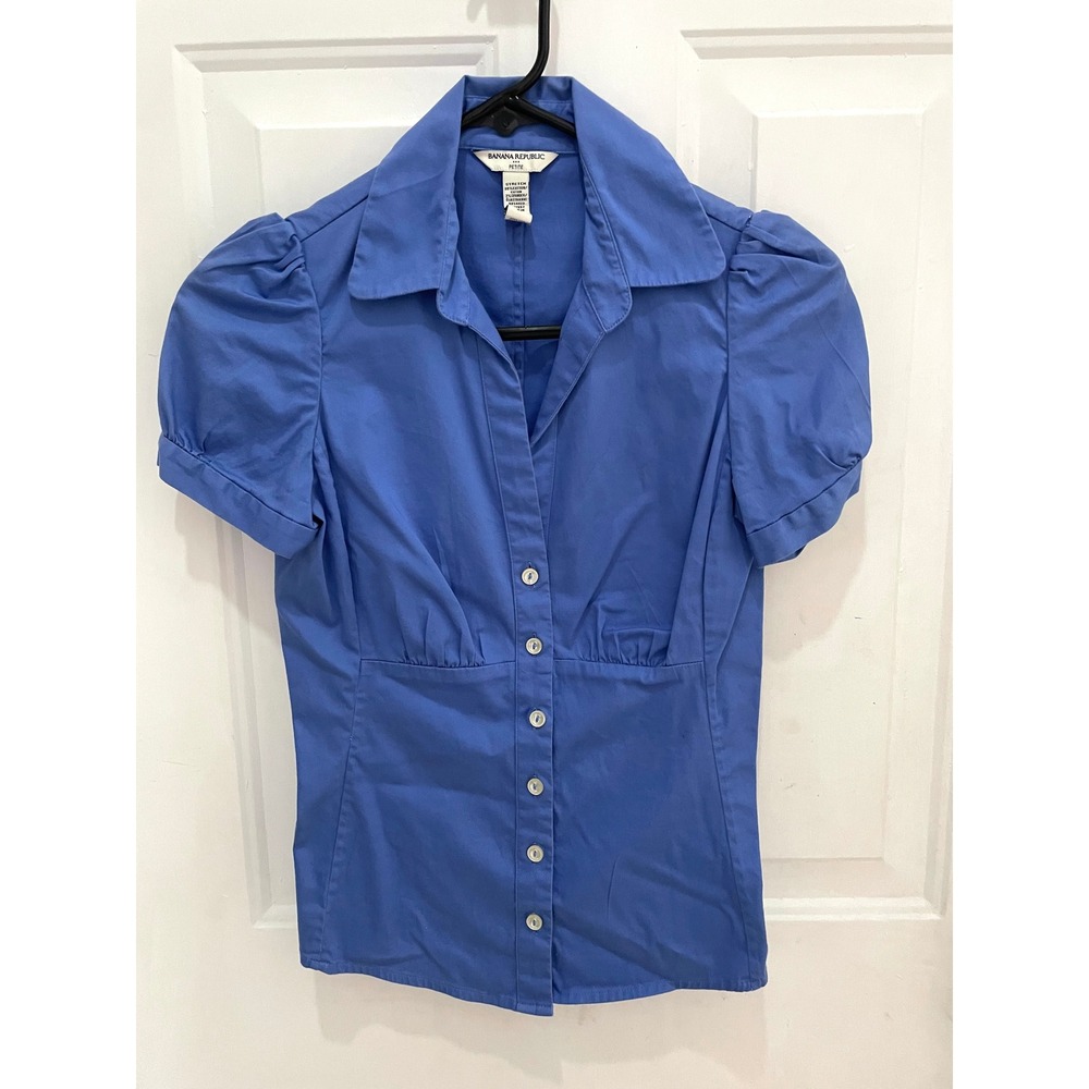 Dana Buchman Blue Puff Sleeve Button-Front Womens Blouse